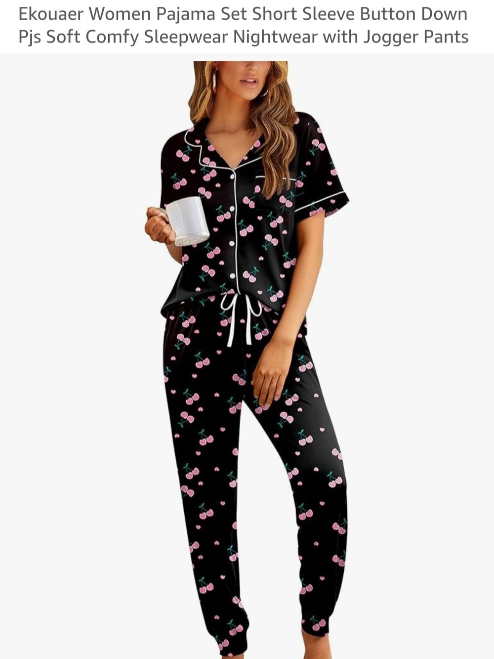 Black Cherry-Print Short Sleeve Pajama Set by Ekouaer